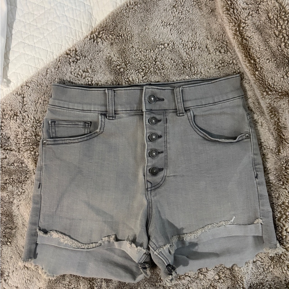 Express Gray Jean Shorts with Frayed Hem and Relaxed Fit